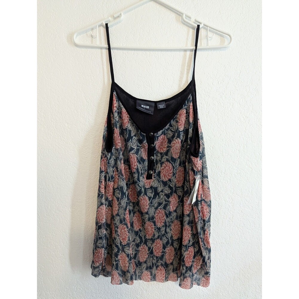 Maeve Anthropologie Strap Tank Top Blouse Size M Navy Red Floral Shimmer Ribbed